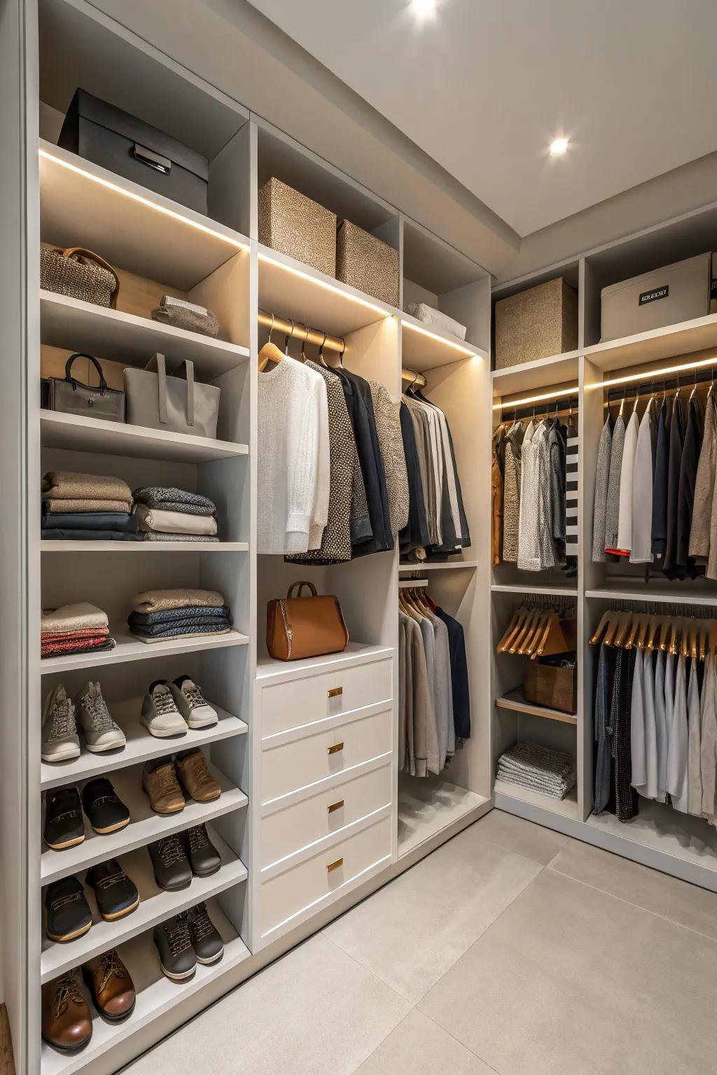 Tall shelving units maximize vertical space in this built-in closet.