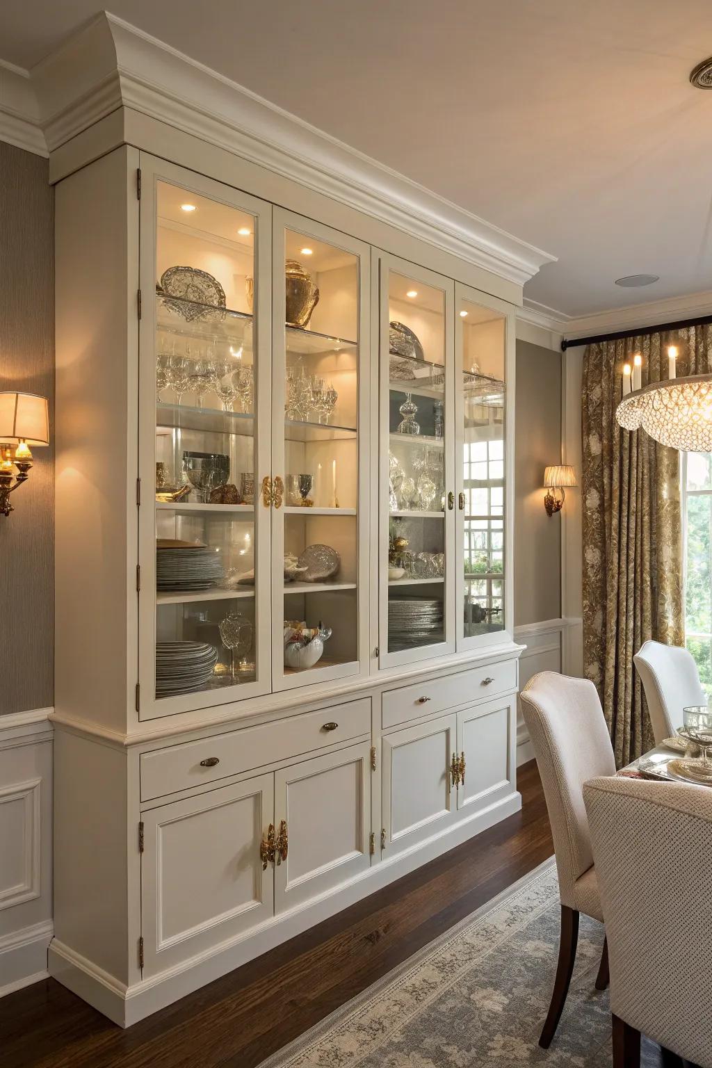 Dining room with glass-front cabinets showcasing elegant tableware.