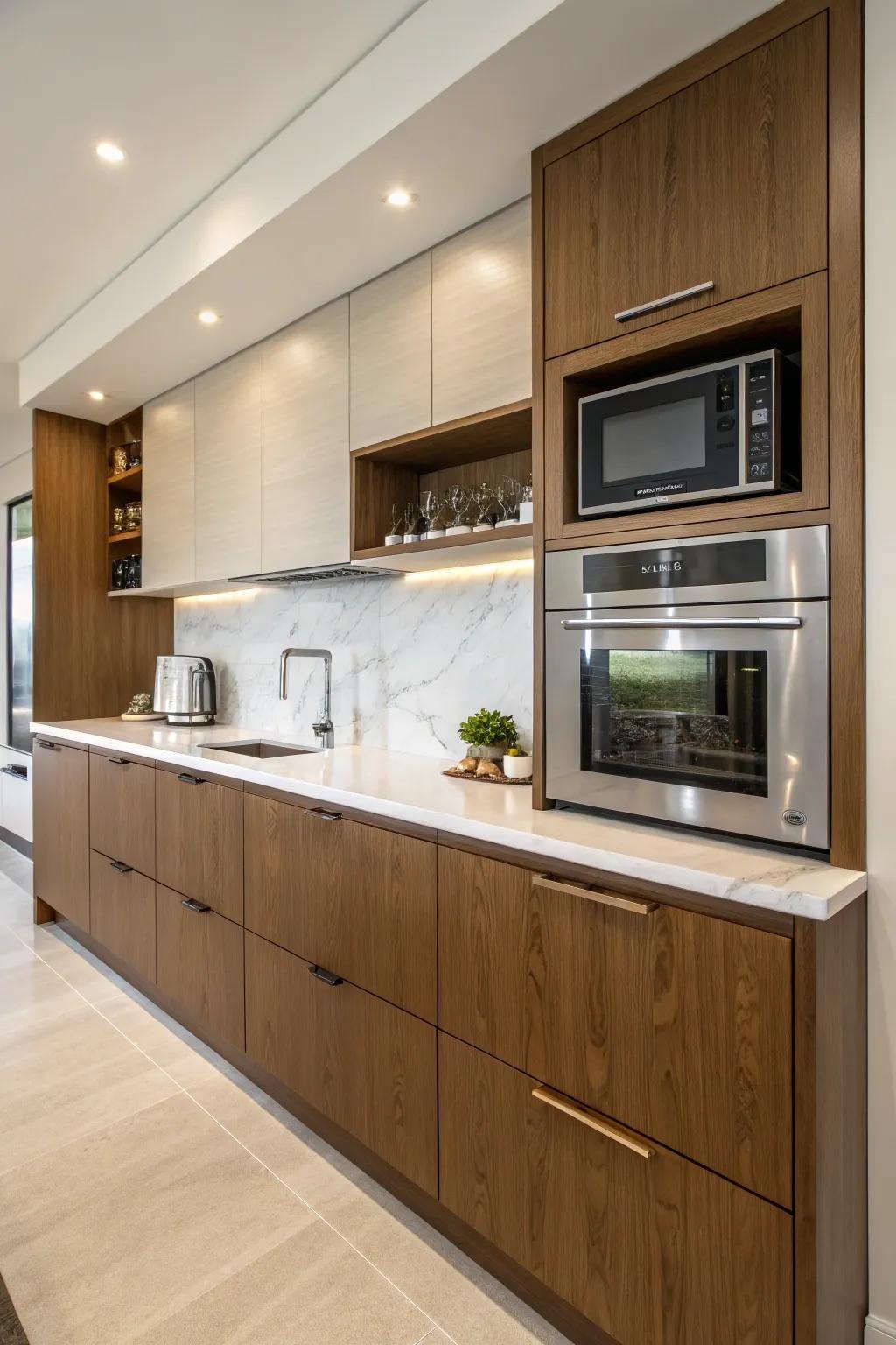 A microwave seamlessly integrated into the kitchen cabinetry above the countertop.