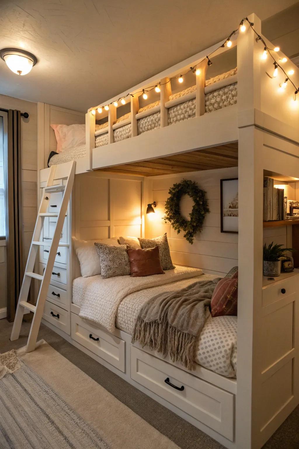 A cozy alcove with built-in queen bunk beds creates the perfect retreat.