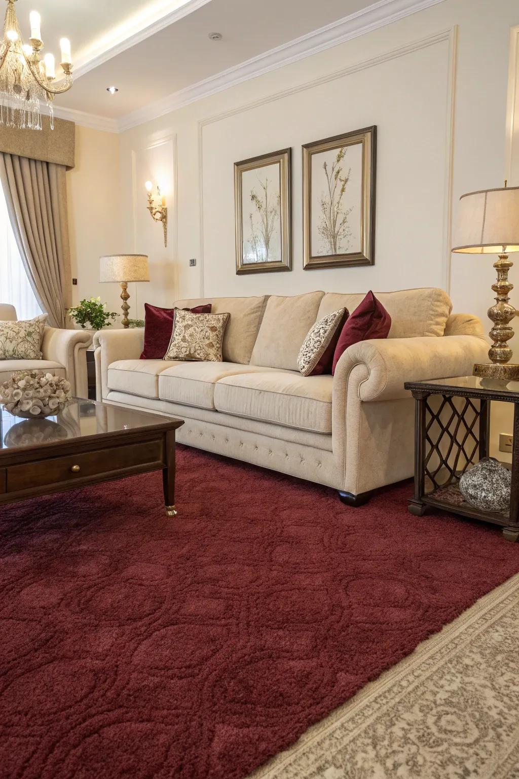 A burgundy carpet paired beautifully with beige furniture creates a serene environment.