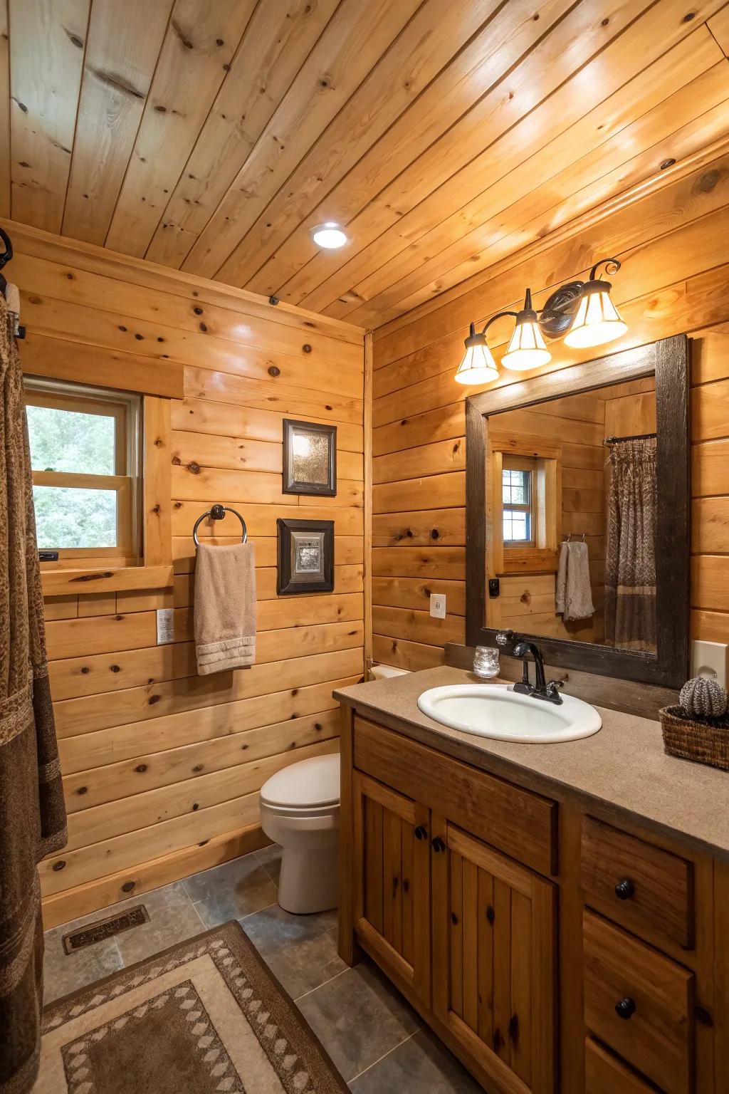 Warm and inviting cabin bathroom featuring reclaimed wood elements.