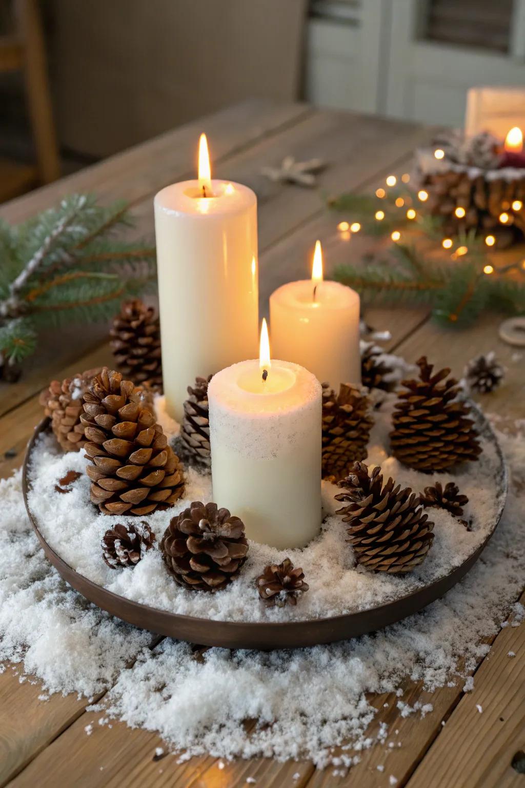 Rustic holiday charm with candles and pinecones.