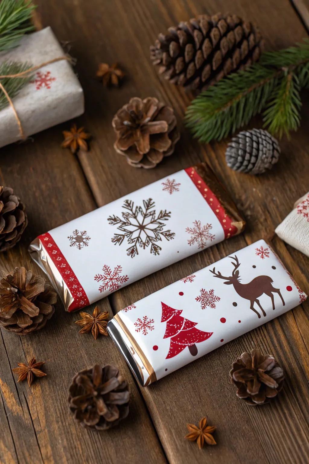 Candy bars with customized festive wrappers ready to spread holiday cheer.
