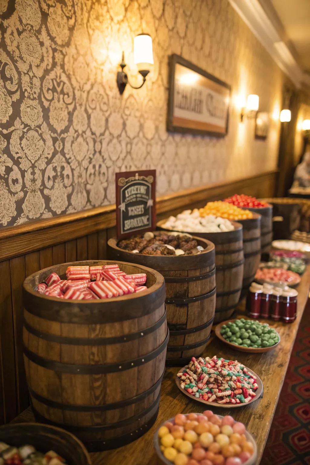 Nostalgic candy bar with vintage treats displayed in charming tin containers.