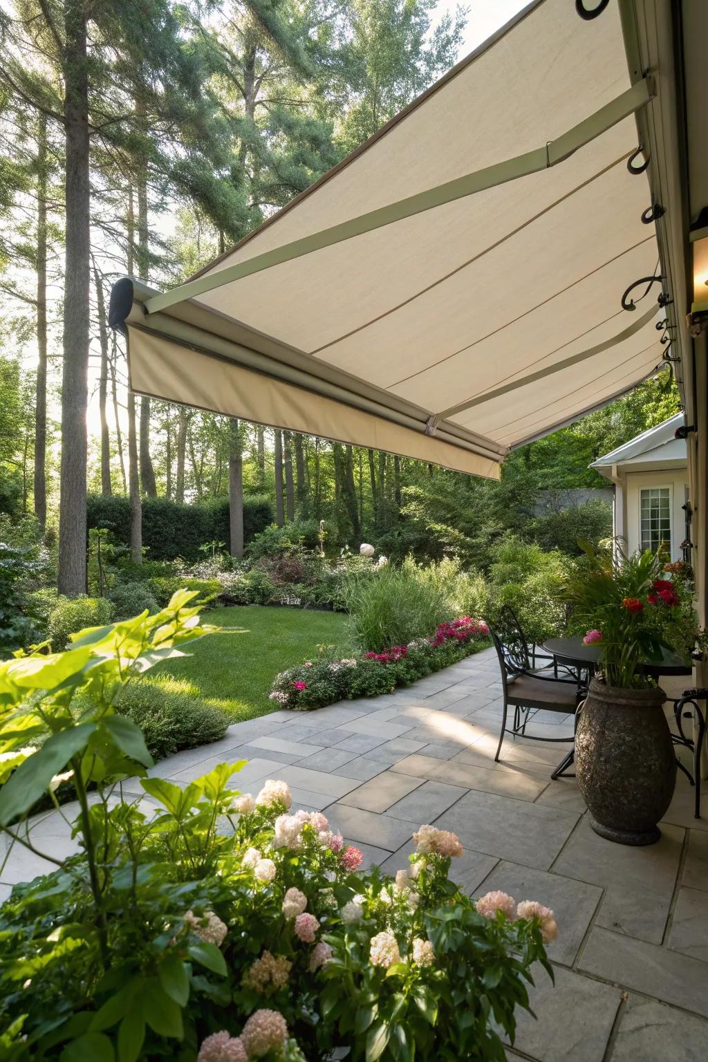 Retractable canvas canopies offer flexible shade on sunny days.