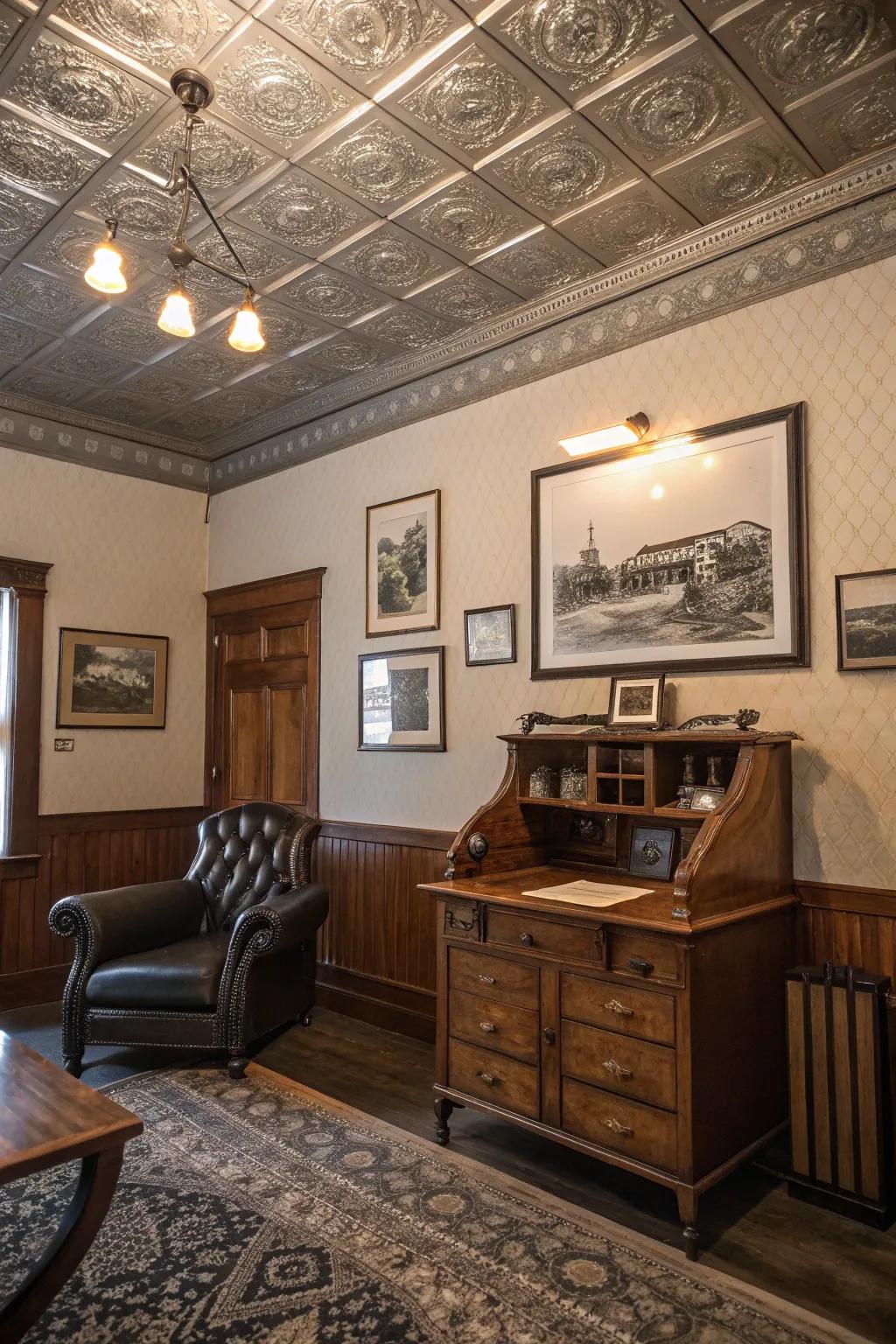 A vintage-inspired room with stunning tin ceiling tiles.