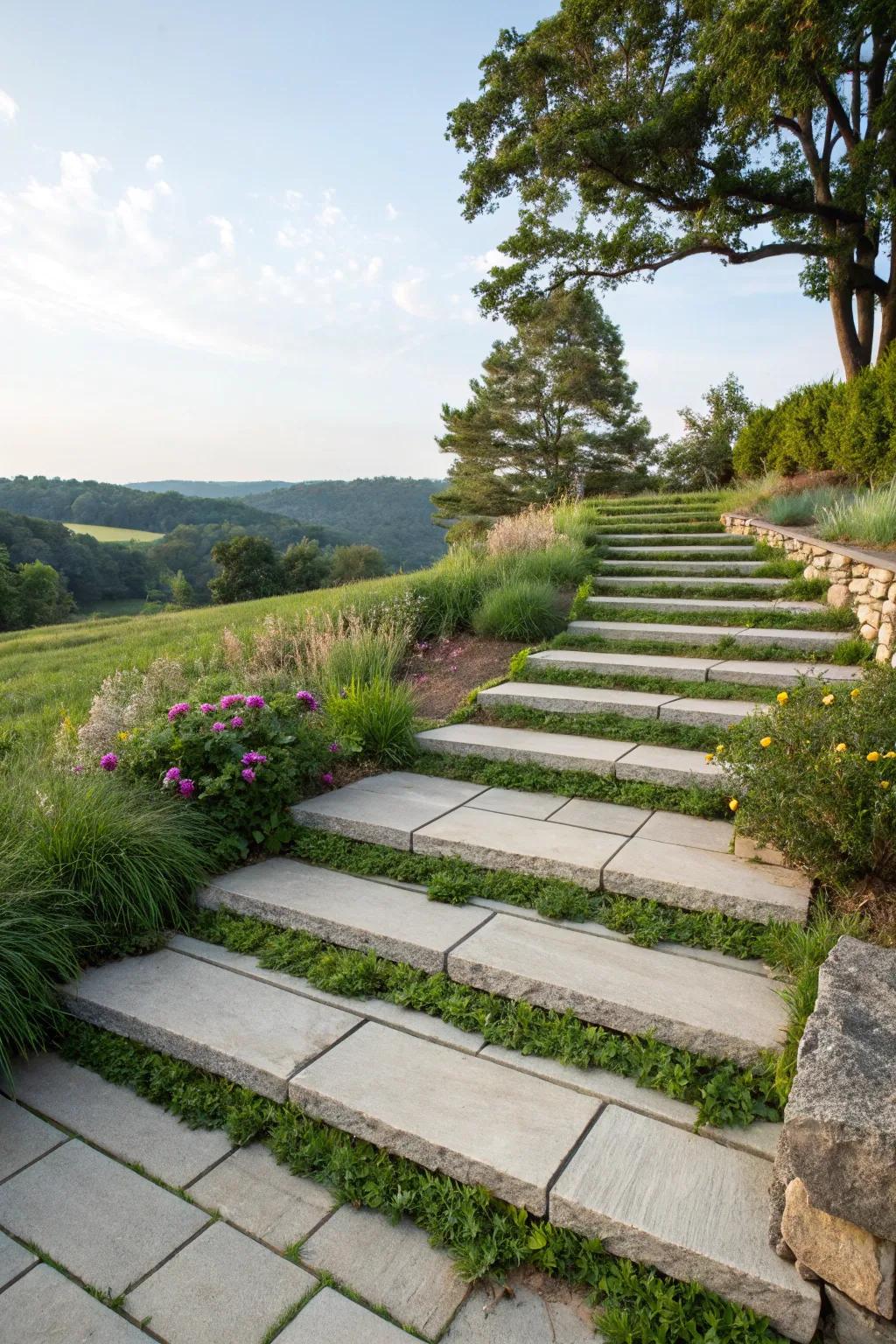 A harmonious blend of cement stairs and grass inlays for a natural look.