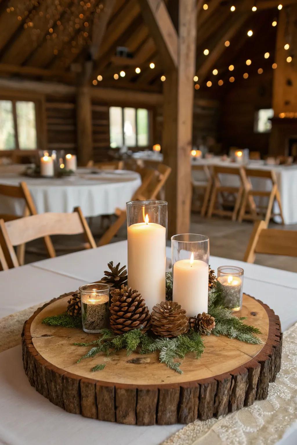 Rustic charm with wood slice centerpiece base.