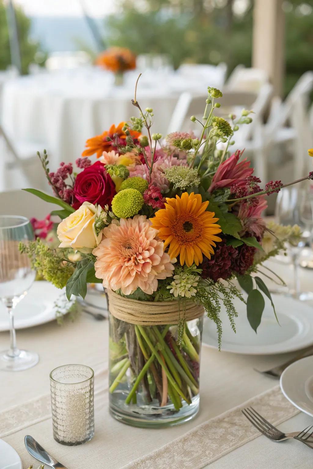 A vibrant bouquet of seasonal flowers brightens any table.