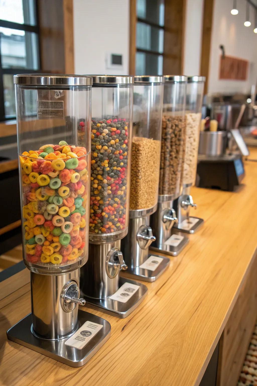 Clear dispensers for a neat and organized cereal station.