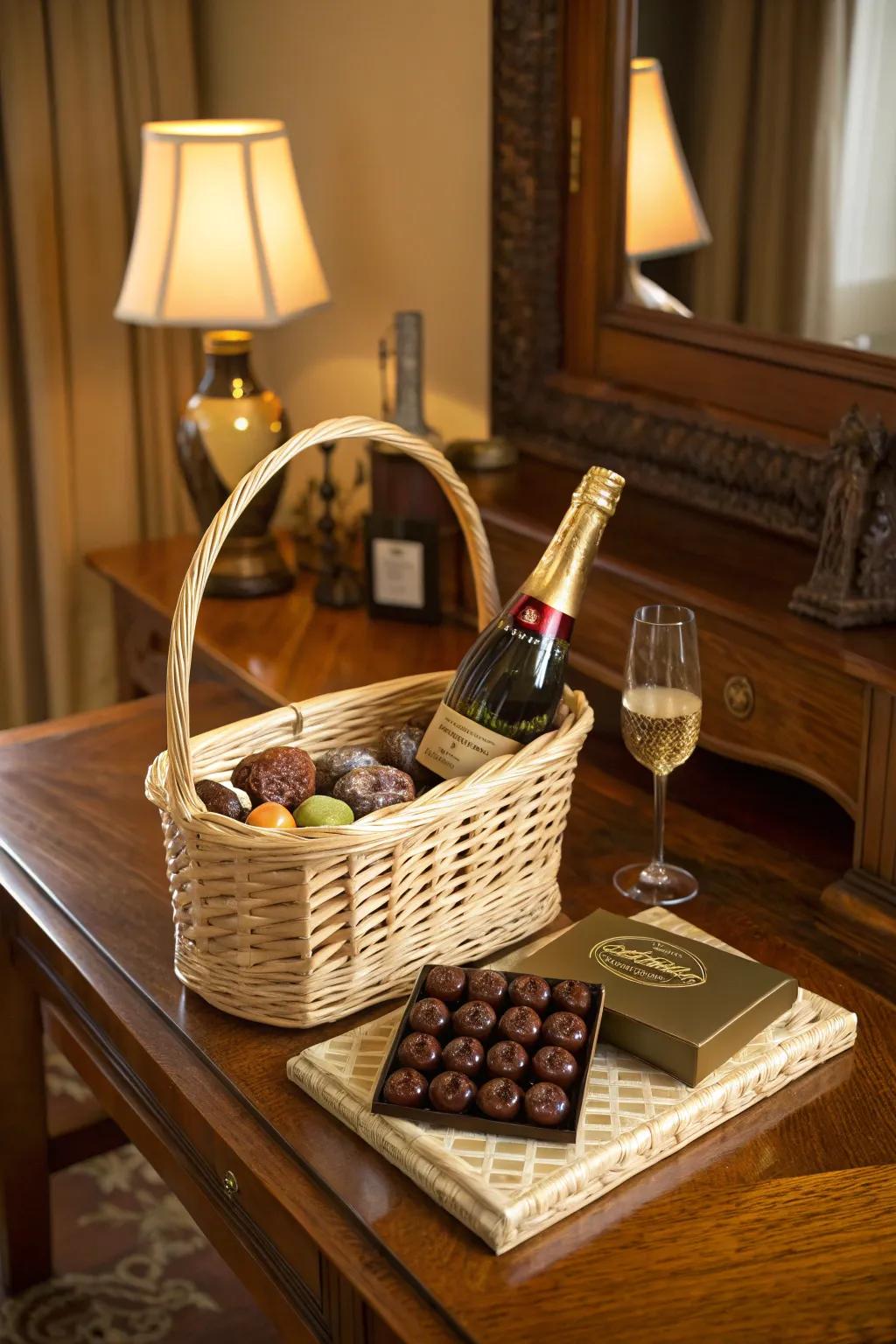 Classic elegance with champagne and gourmet chocolates.