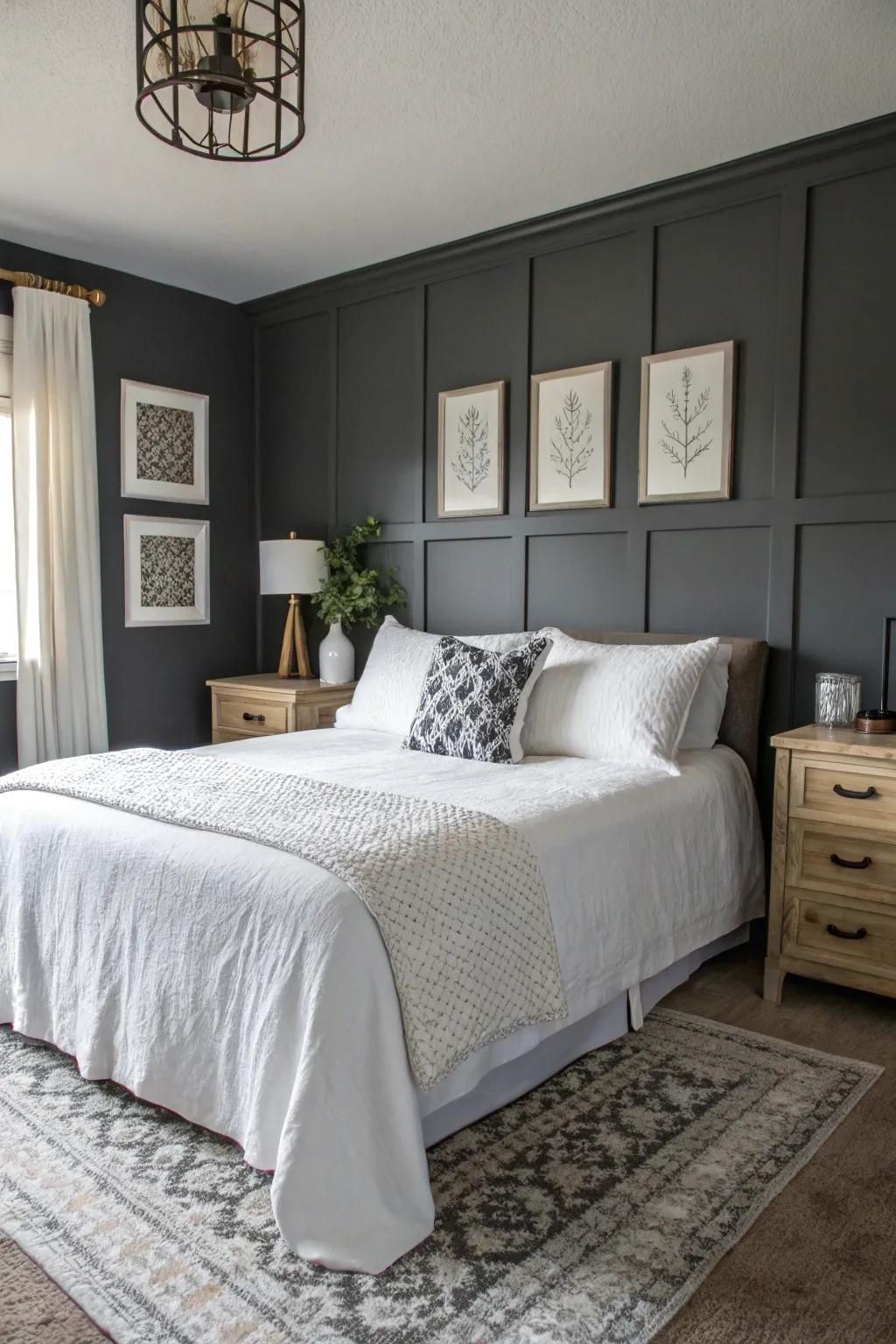 A classic contrast: charcoal gray walls paired with crisp white elements.