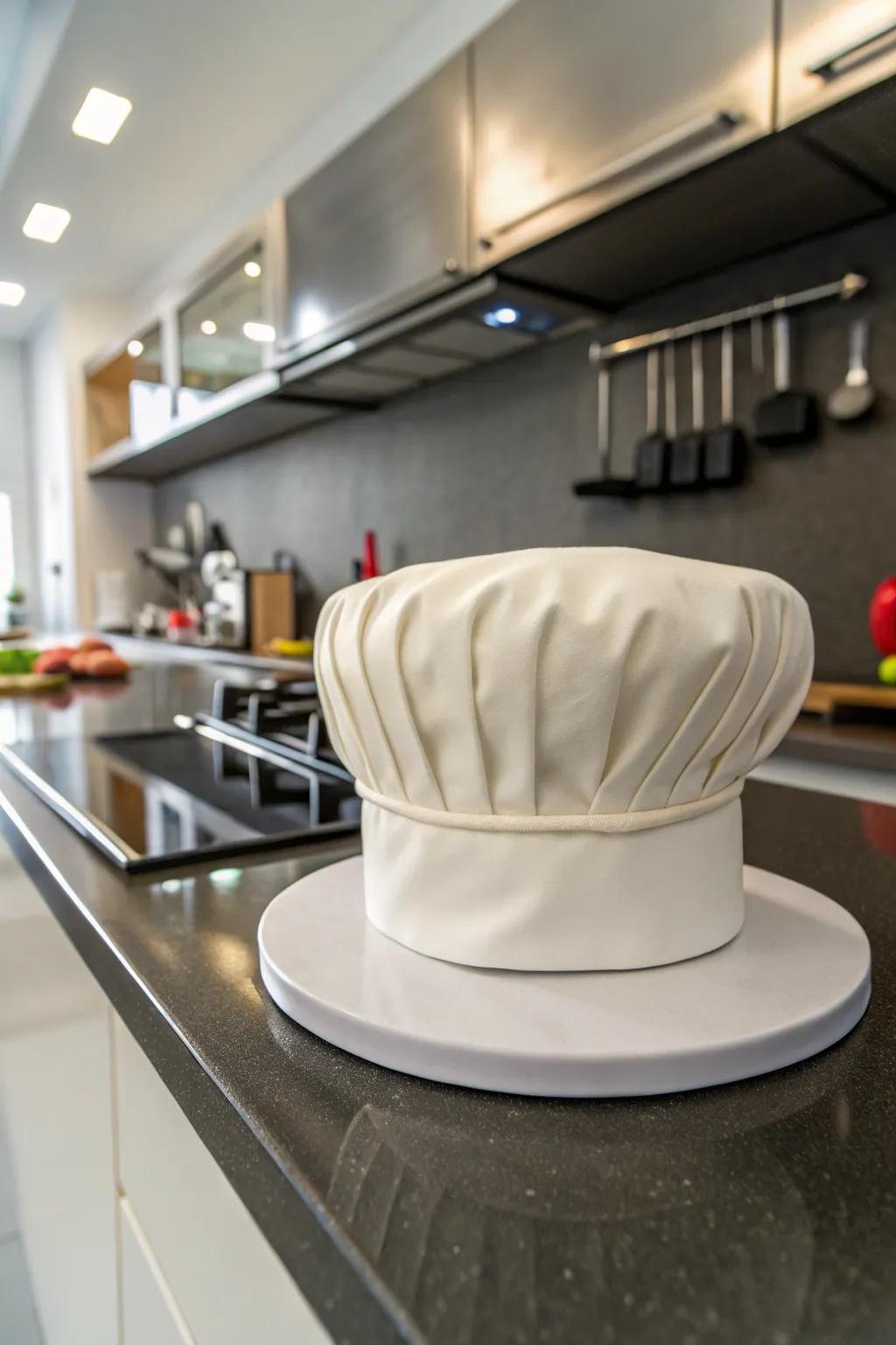 A cake styled to mimic a classic chef's hat with smooth fondant.