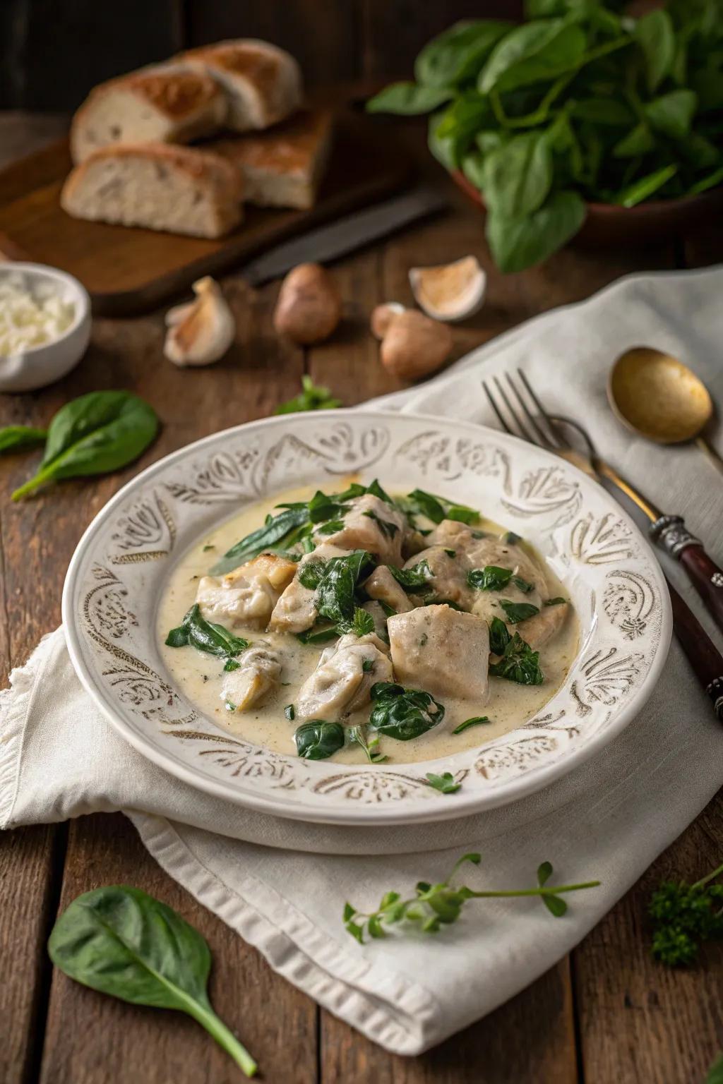 Creamy garlic chicken with spinach, a comforting dinner.