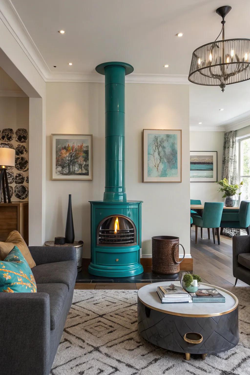 A bold teal chimney creates an eye-catching focal point in this modern space.