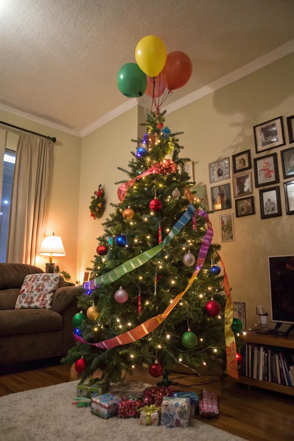 A Christmas tree turned into a festive birthday tree.