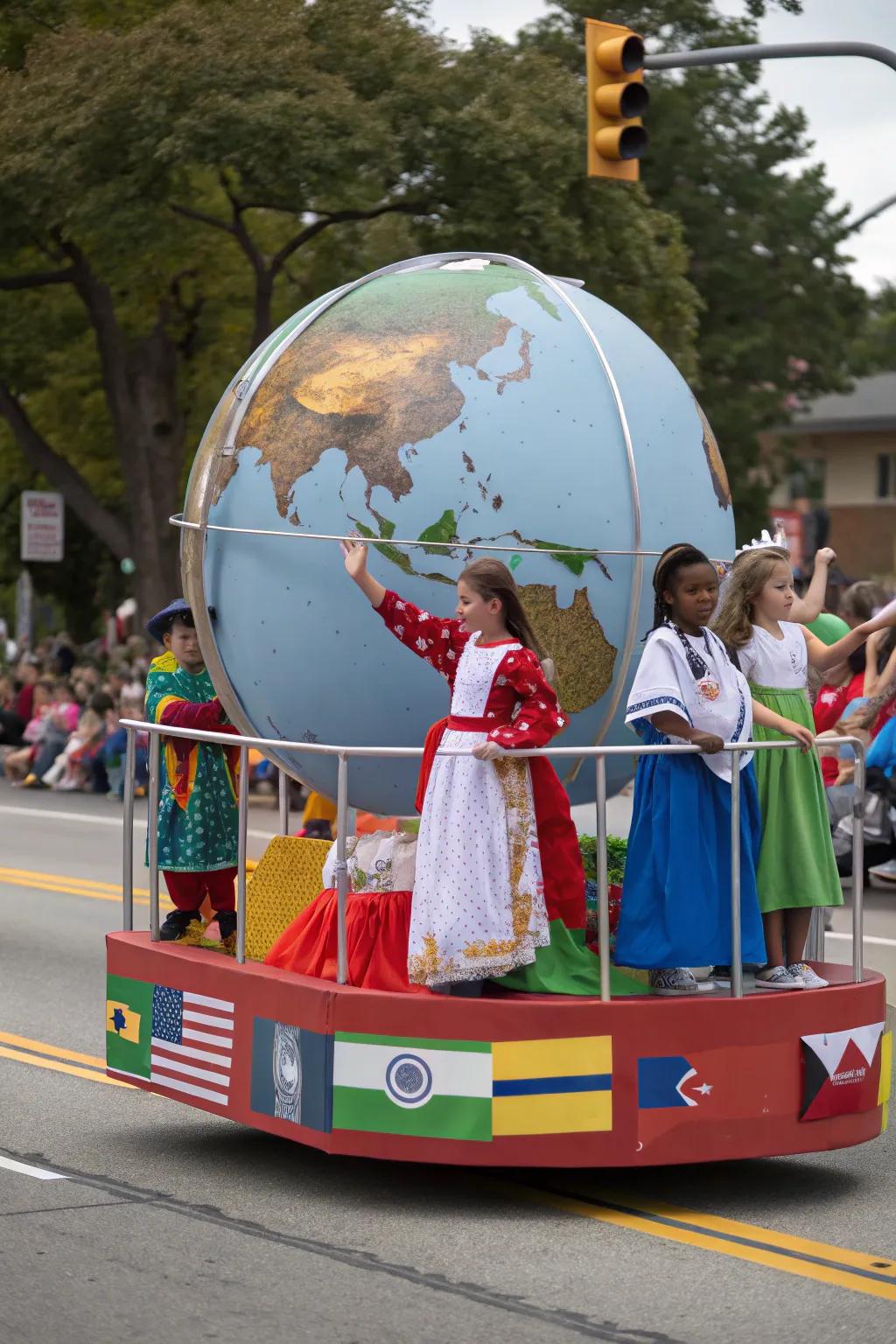 A float symbolizing global unity with a central globe and multicultural costumes.