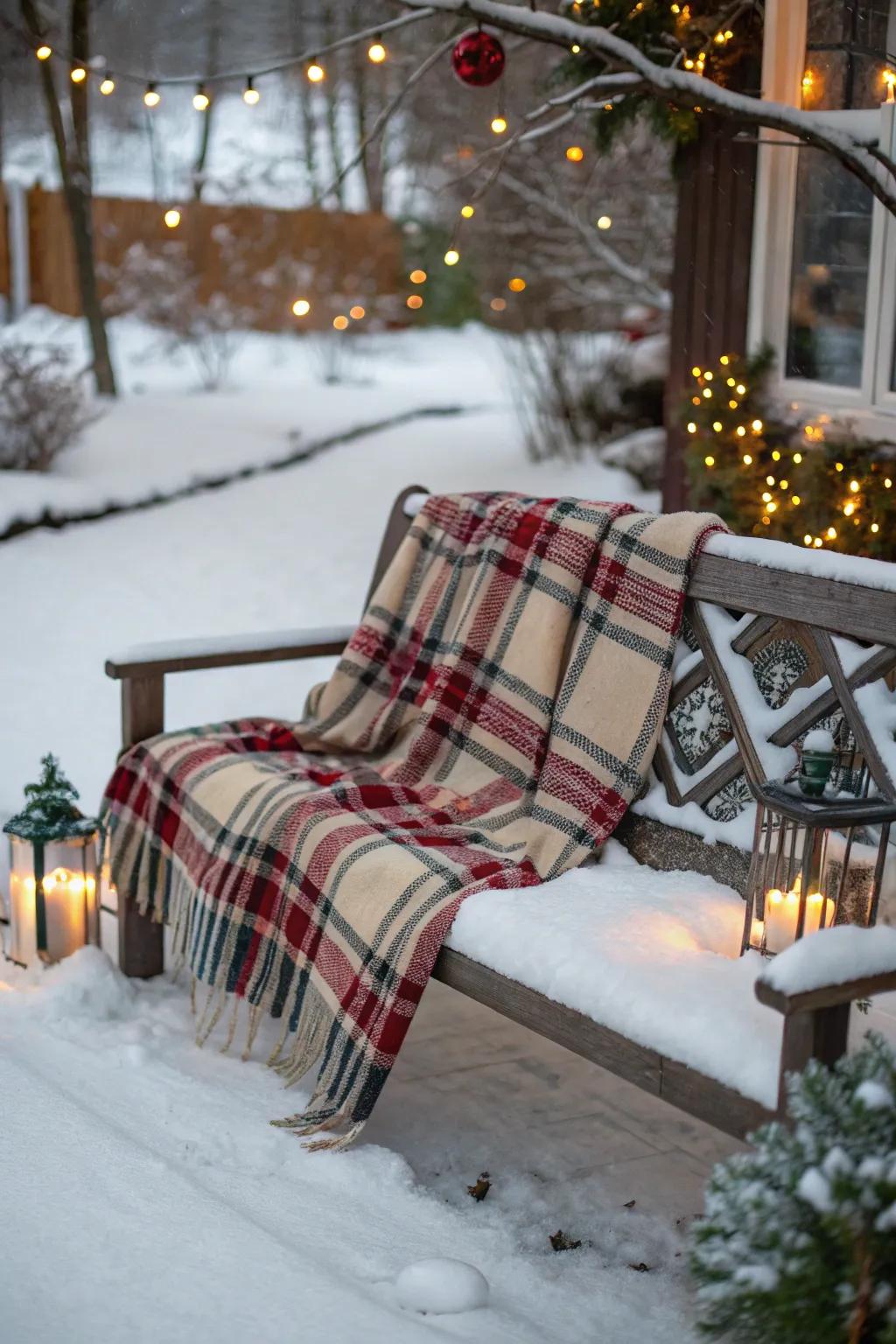 A plaid blanket on a bench creates a warm and inviting holiday look.