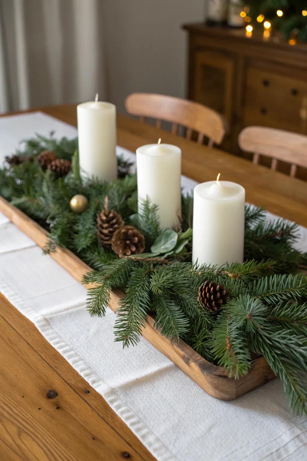 A candlelit pine forest centerpiece brings warmth and nature indoors.