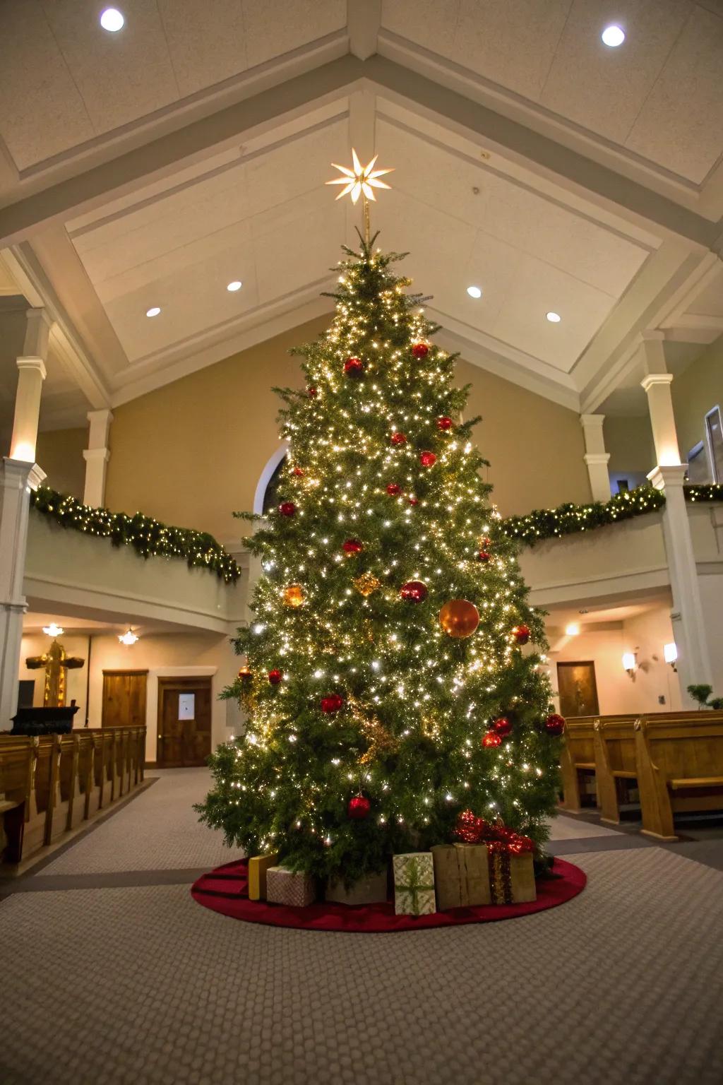 A stunning Christmas tree greets visitors at the church entrance.