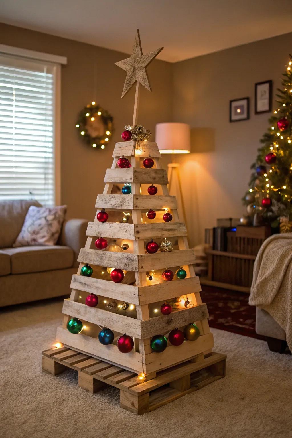 Create a rustic centerpiece with a pallet Christmas tree.