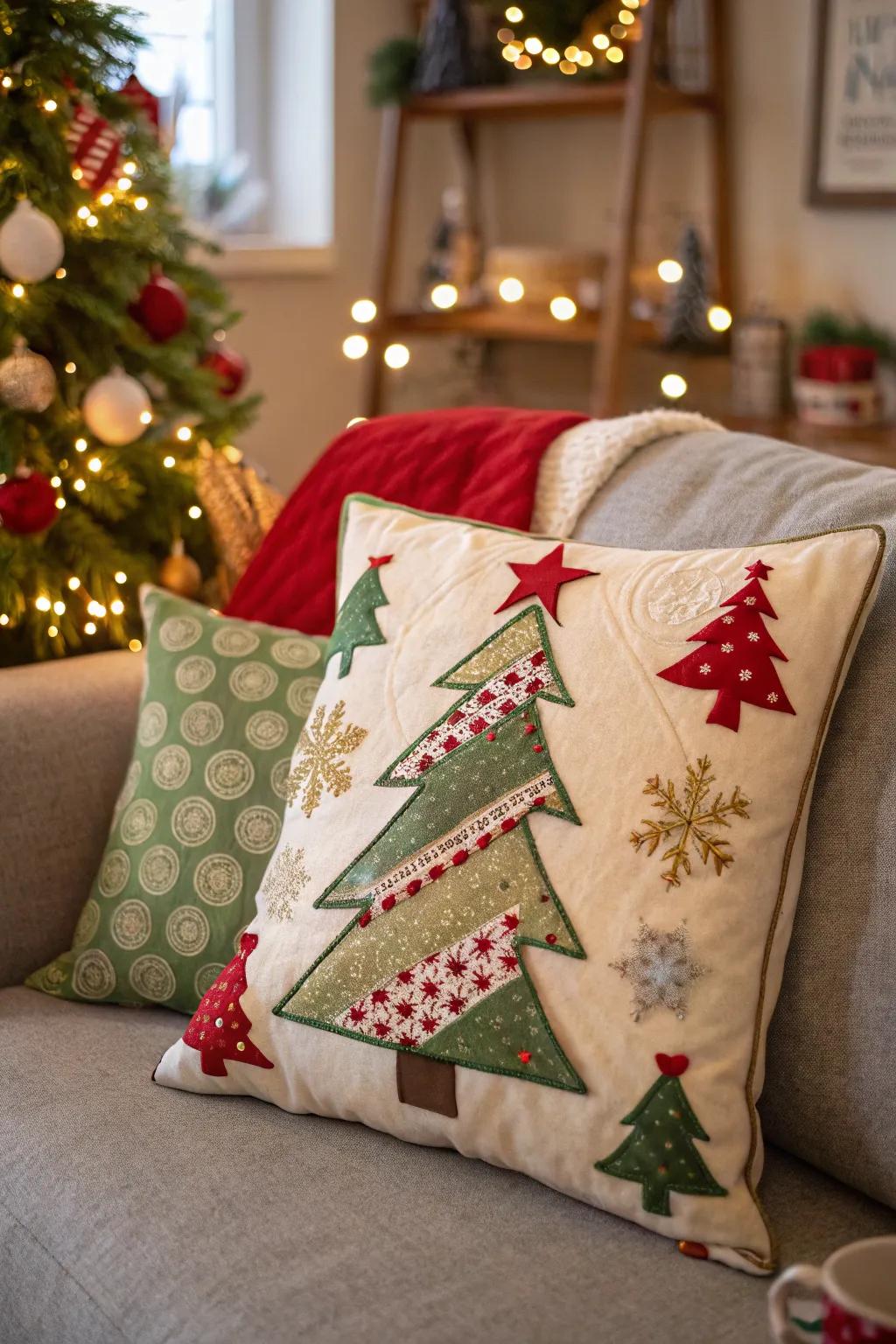 Handmade Christmas Tree Pillow adding charm to the holiday setting.