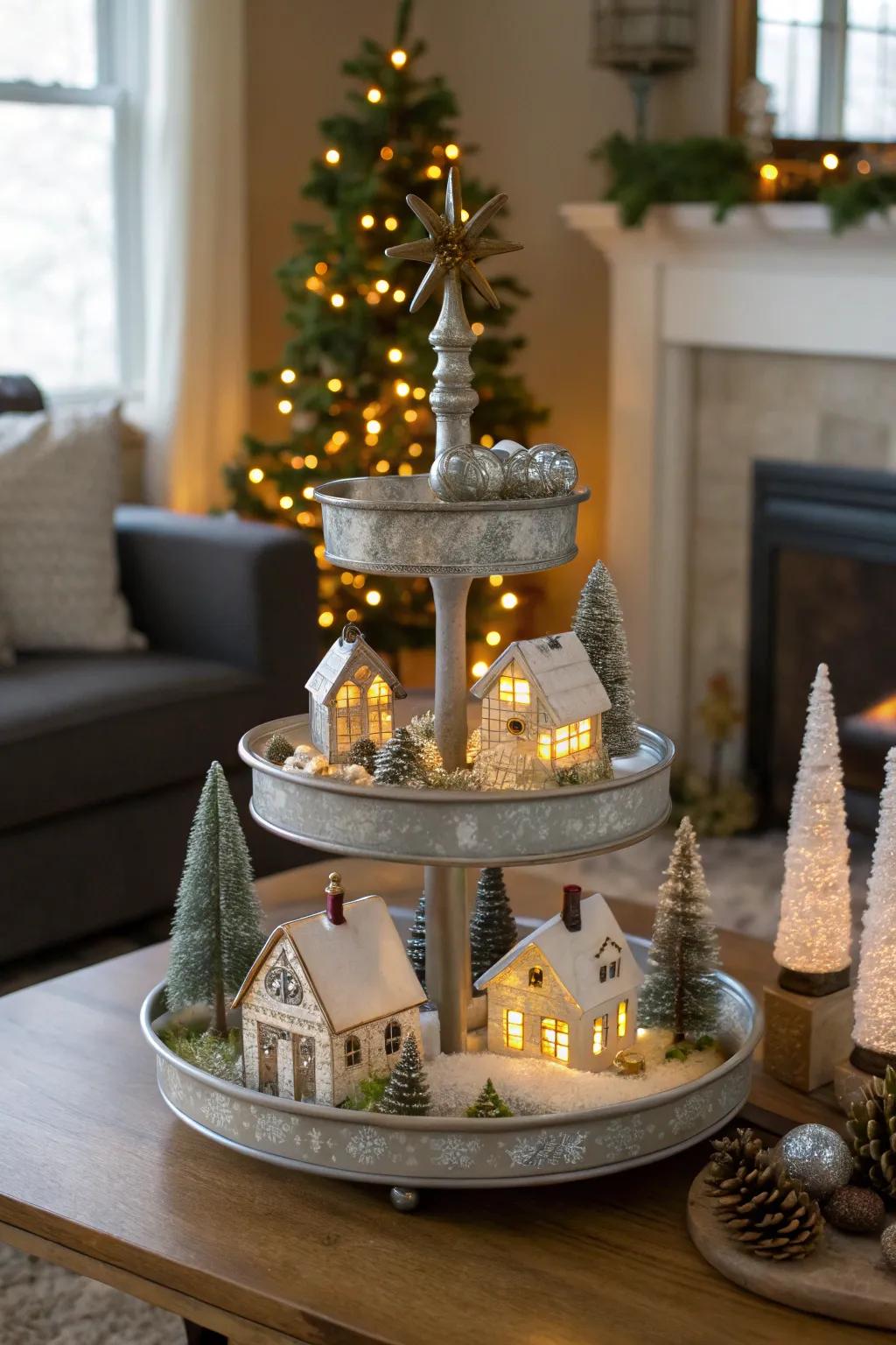 A delightful miniature Christmas village displayed on a tiered tray.