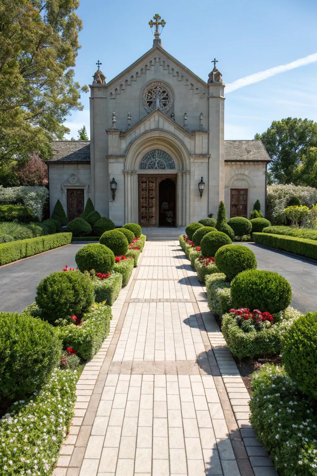 Symmetrical landscaping brings balance and beauty to church entrances.