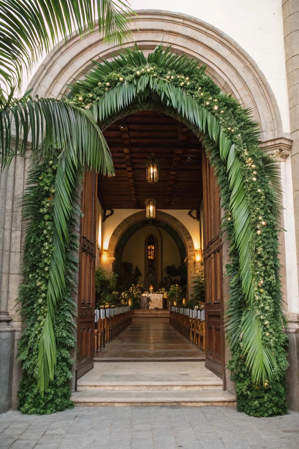 Majestic palm branch arches welcoming worshippers at the church entrance.