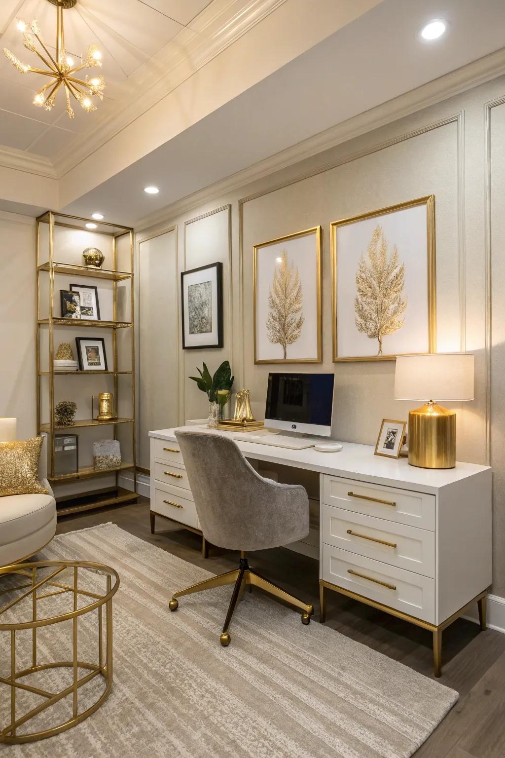 A neutral color palette with gold accents enhances the elegance of an executive office.