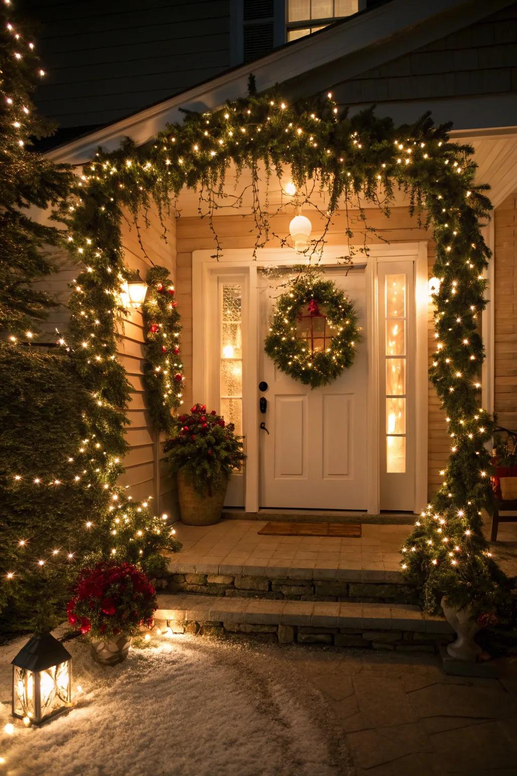 A welcoming entryway with garlands and soft white lights.