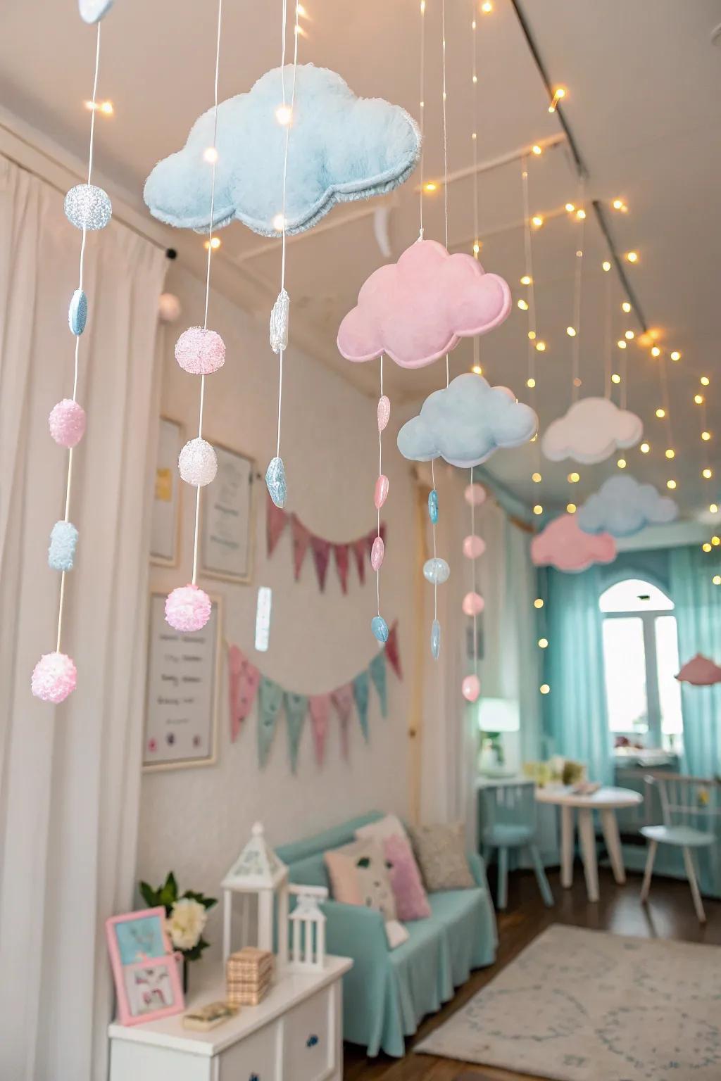 A room transformed into a dreamy sky with a fluffy cloud garland creating an ethereal atmosphere.