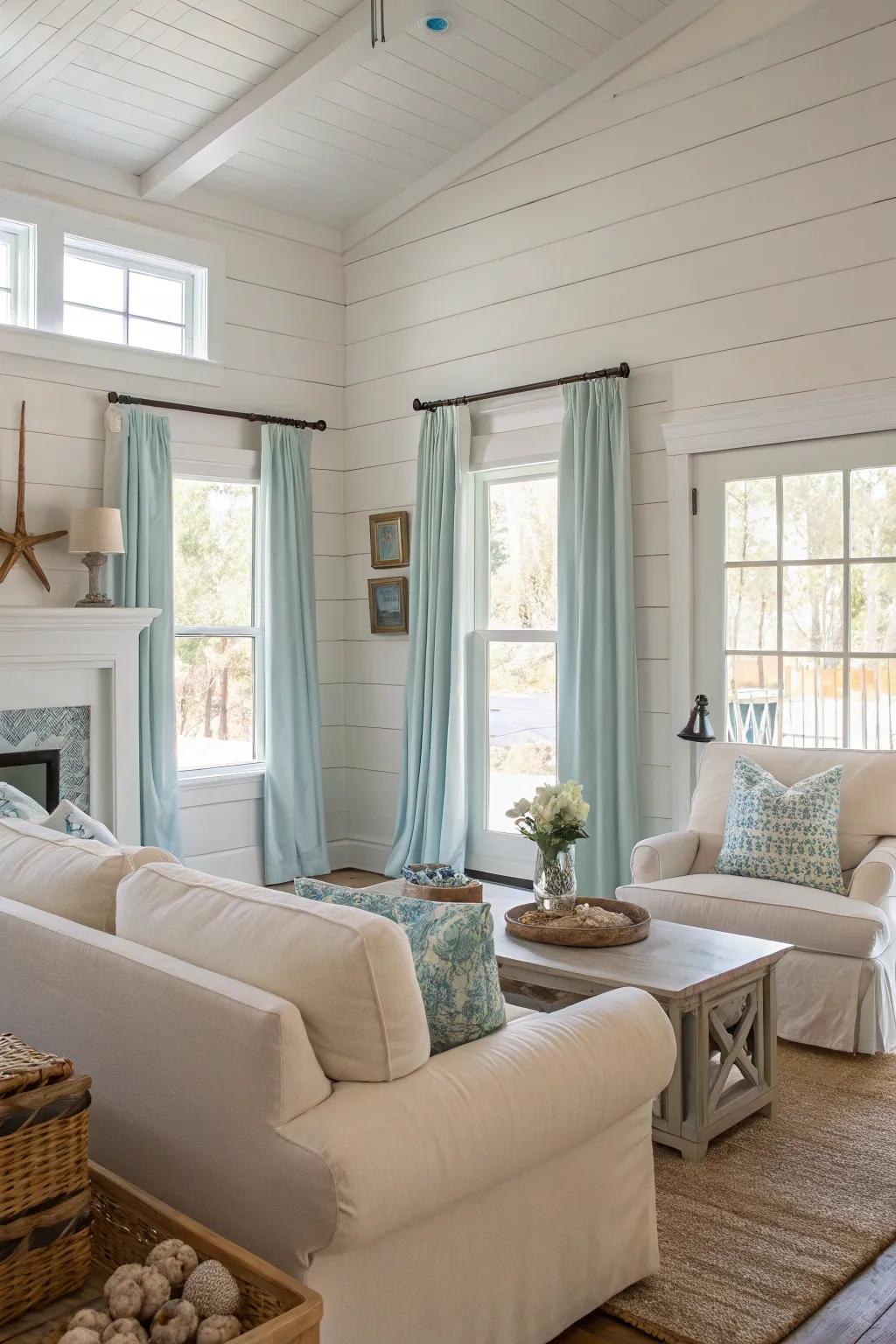 Neutral tones set the stage for a peaceful and inviting coastal farmhouse atmosphere.