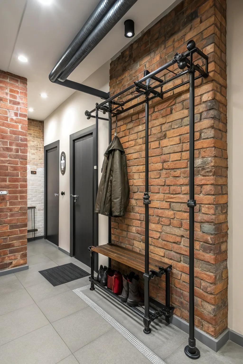 An industrial-style coat rack made from metal pipes, adding character to a modern entryway.