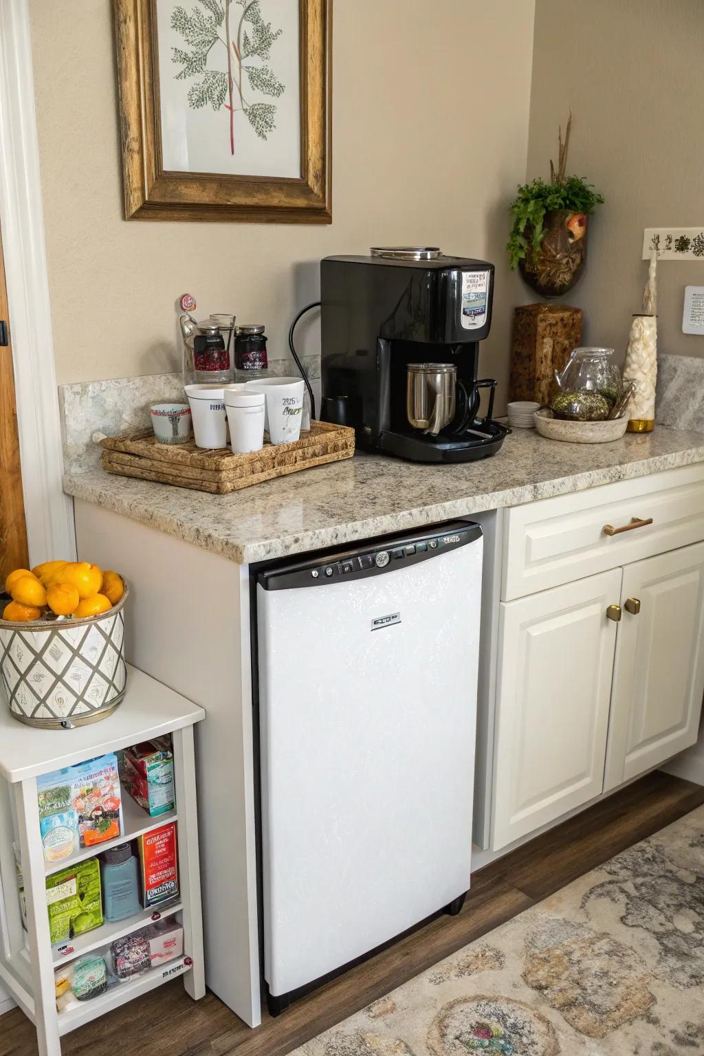 A compact coffee bar setup in a cozy kitchen corner.