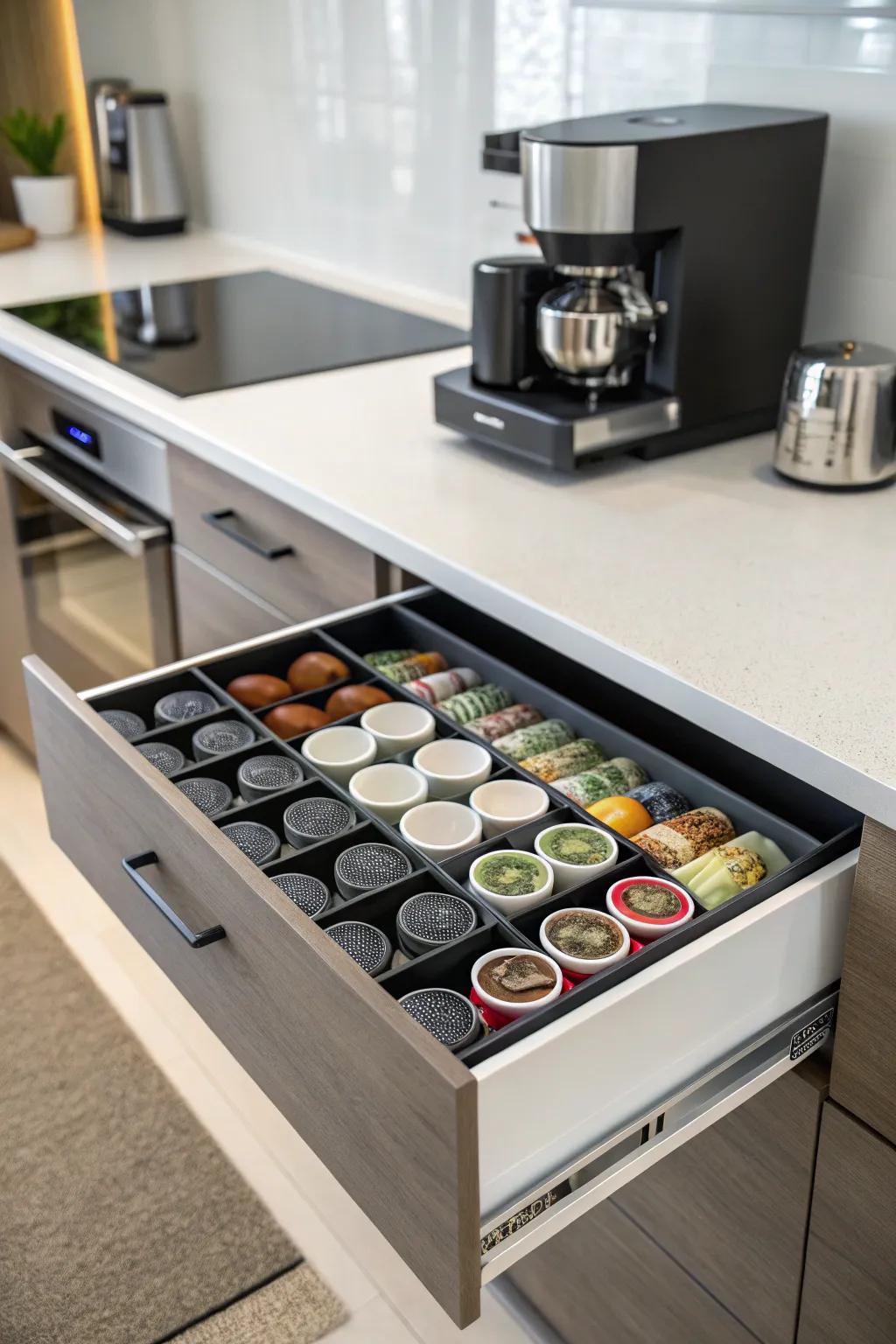 A dedicated tray for coffee pods keeps your favorites within easy reach.