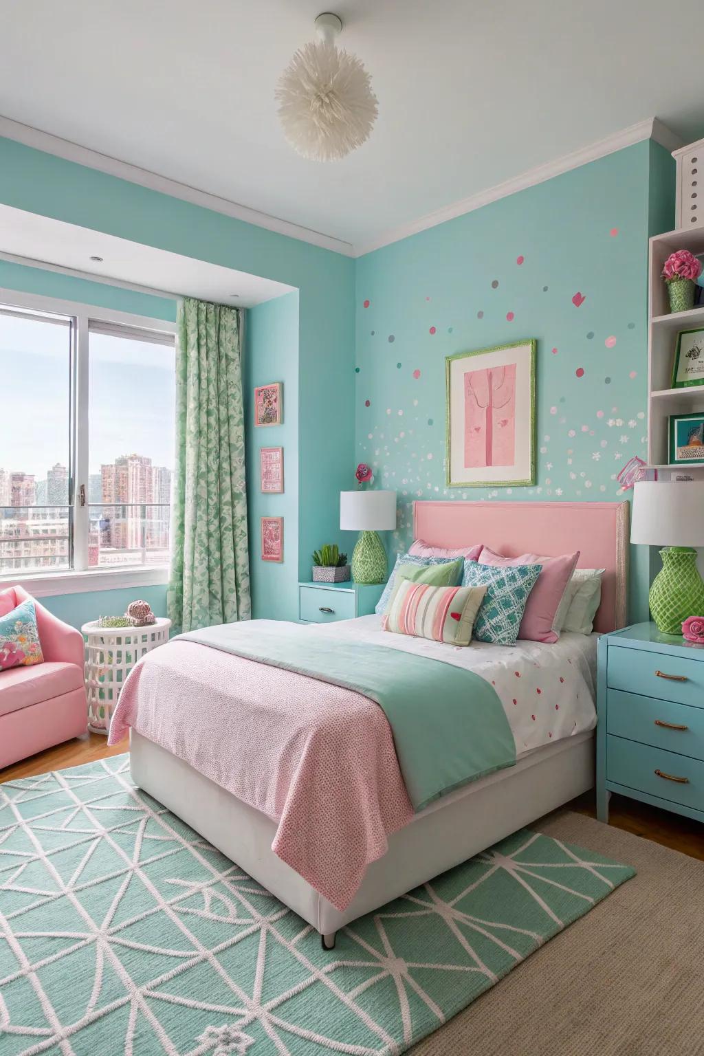 A bold color scheme transforms this bedroom into a lively retreat.