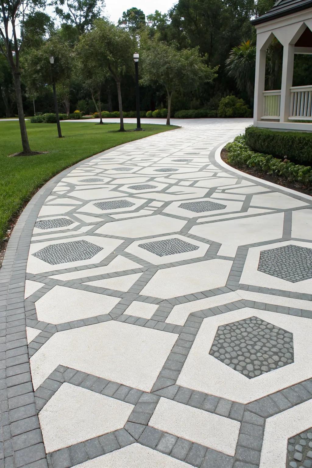 A driveway adorned with geometric patterns for a modern aesthetic.