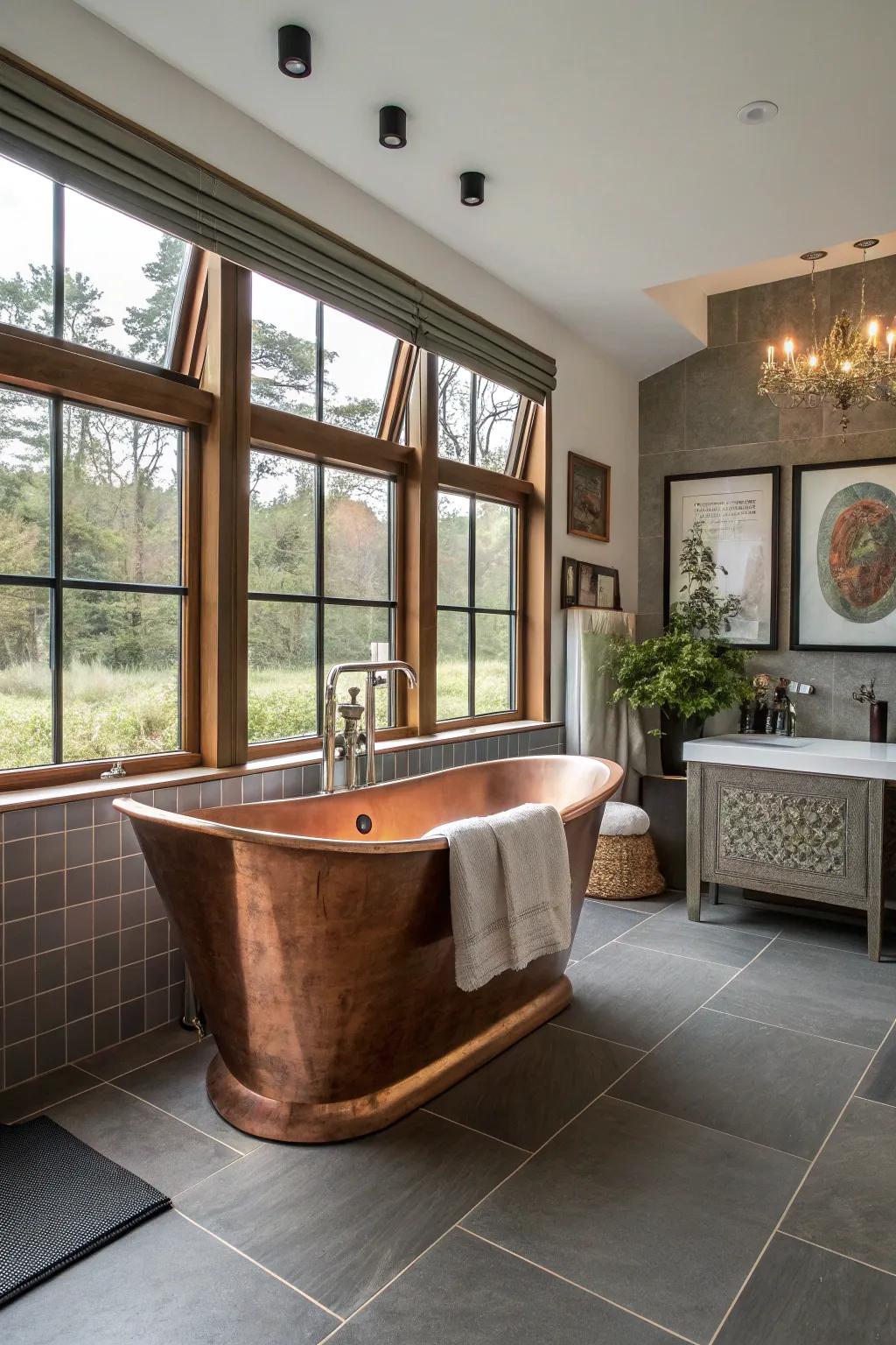 A copper bathtub serves as a striking focal point in any bathroom.