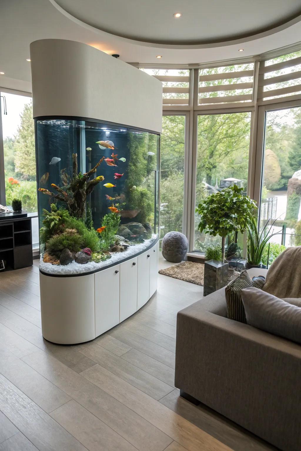 Curved front fish tank offering a panoramic aquatic view.