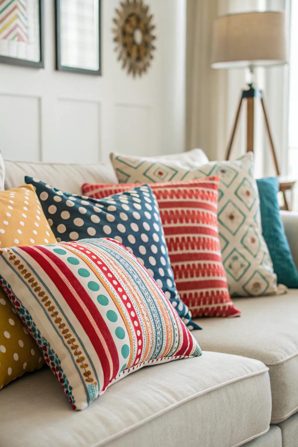 A vibrant mix of patterned pillows adds character to the couch.