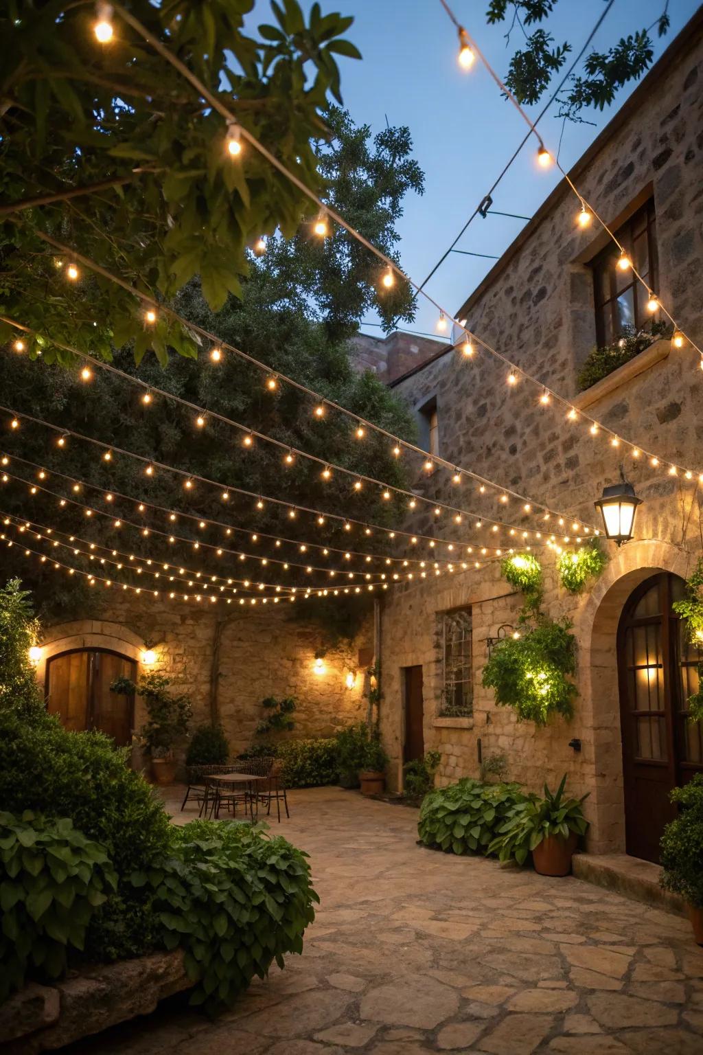 String lights create a starry effect in a cozy courtyard.