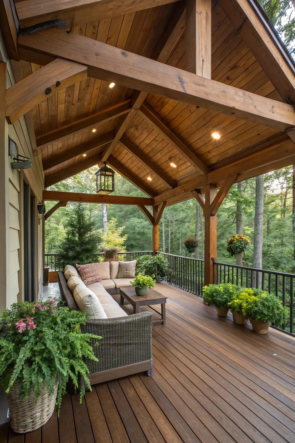 A gable roof transforms a deck into a charming and functional space.