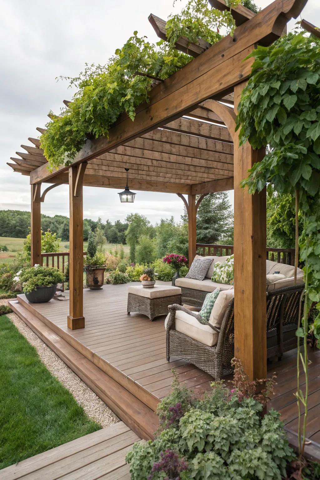 A classic pergola offers shade with style, creating an inviting outdoor lounge area.