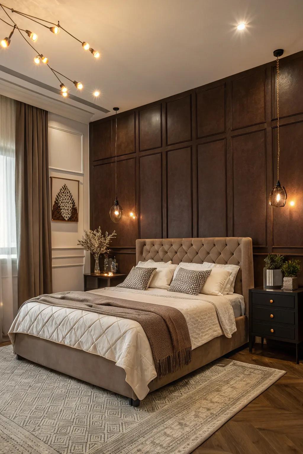 A bedroom featuring a dramatic chocolate accent wall complemented by light decor.