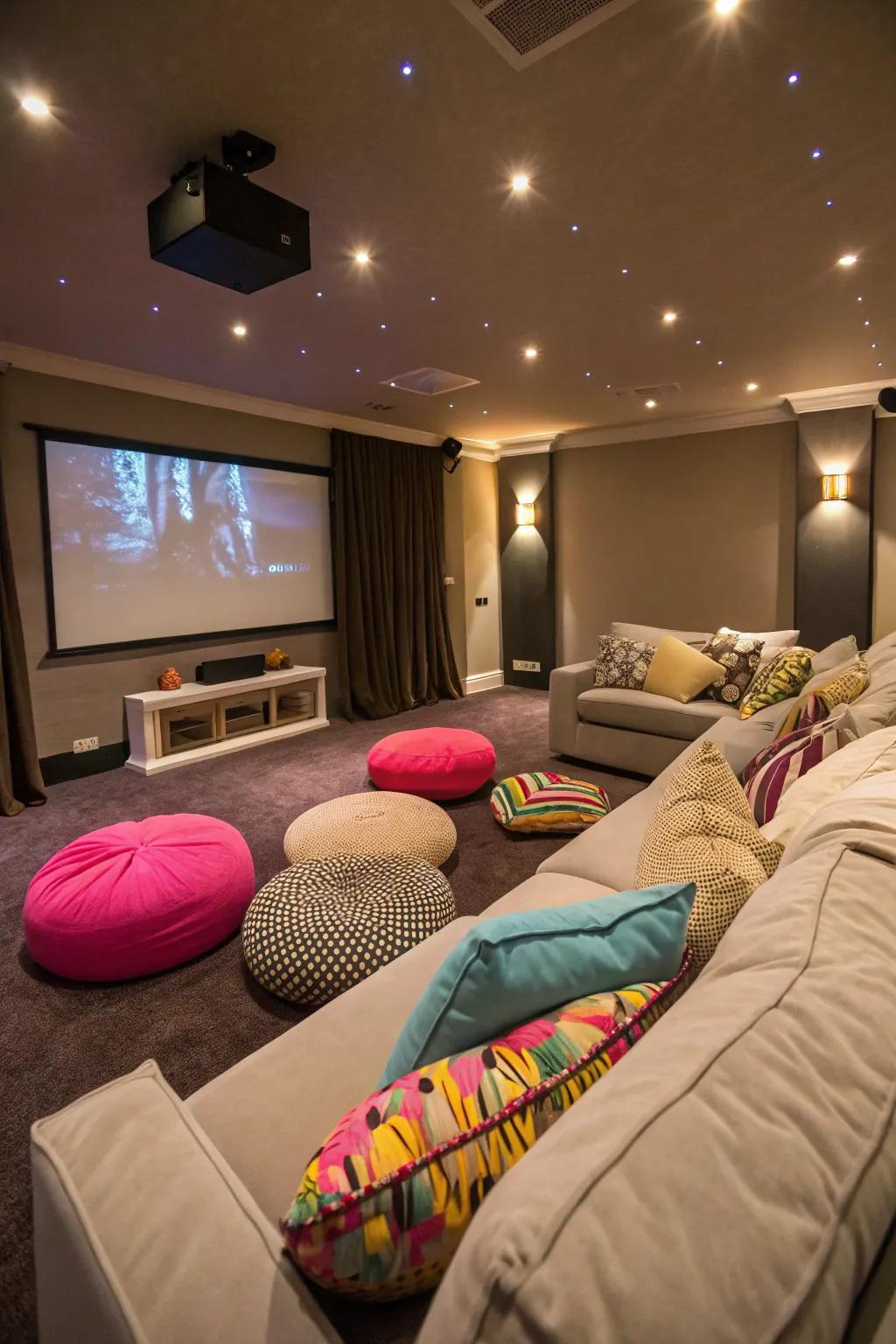 Plush seating and floor cushions make for a comfortable movie marathon.