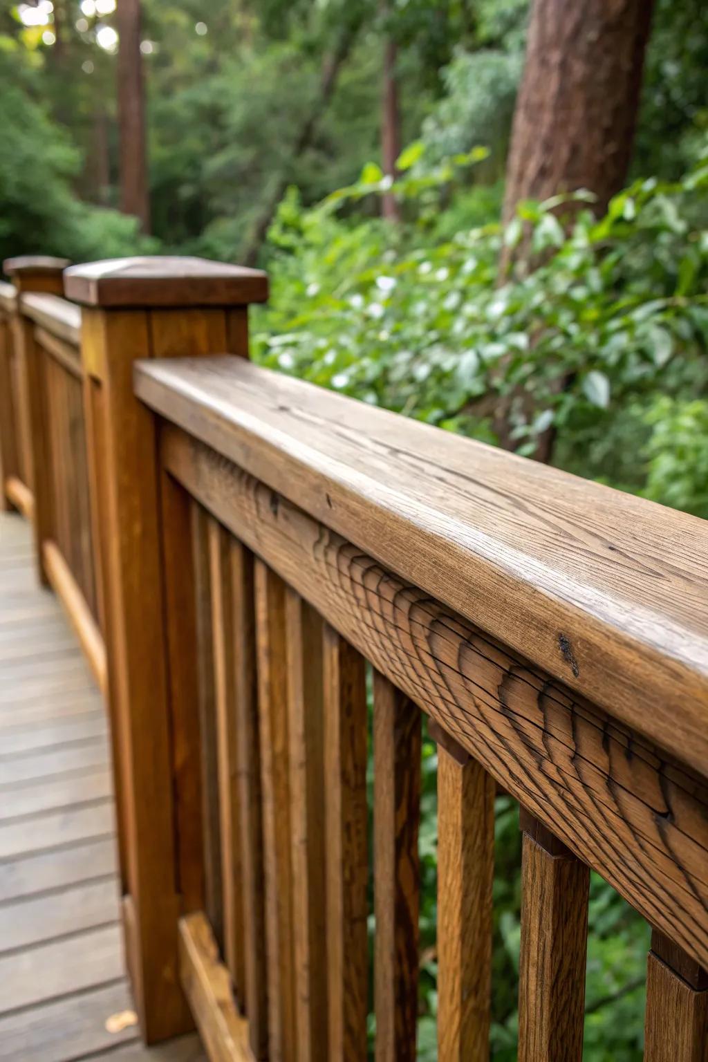 Close-up of a Craftsman-style warm wooden railing.