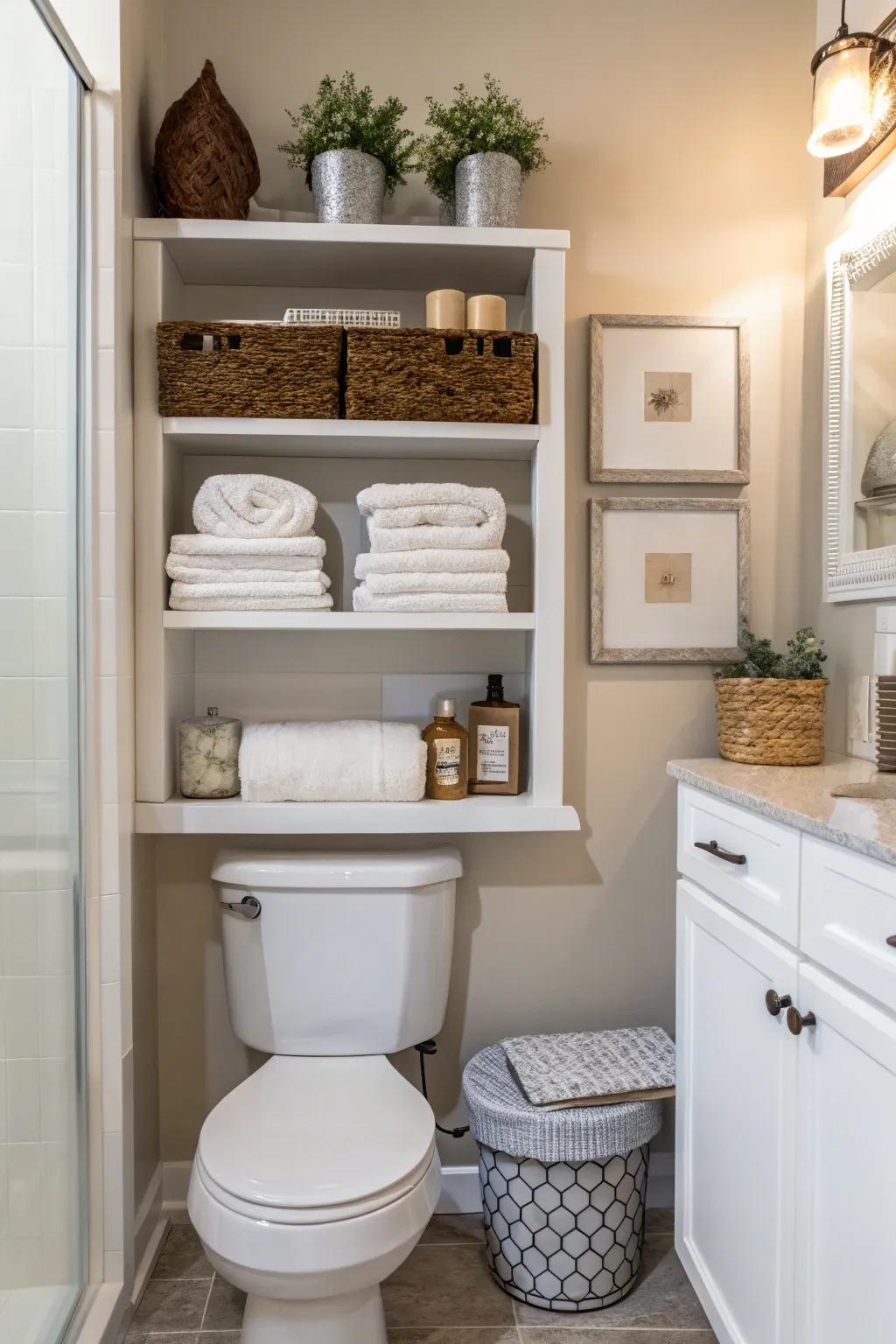 Open shelves above the toilet provide a perfect blend of storage and style.