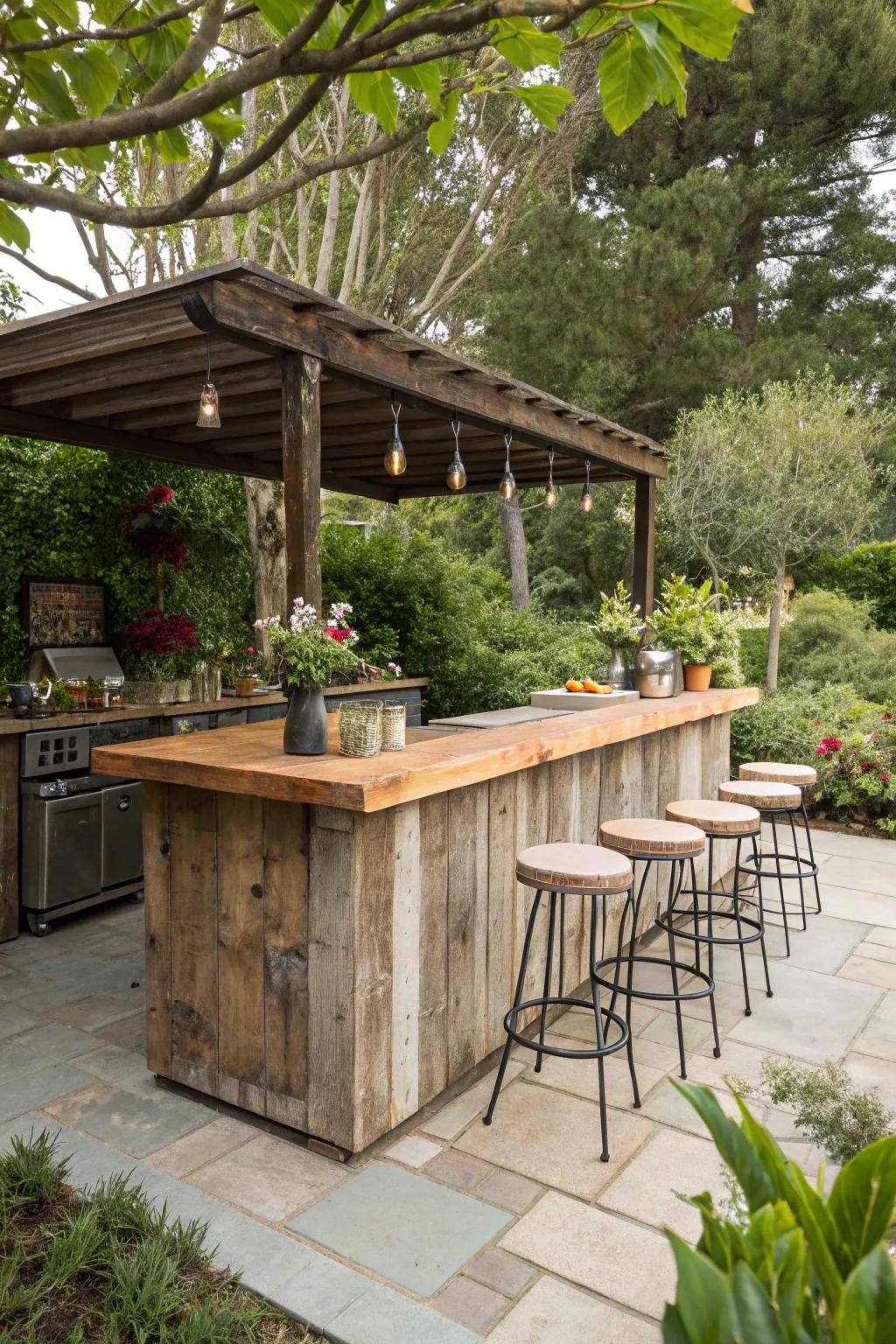 A rustic outdoor bar crafted from reclaimed wood.